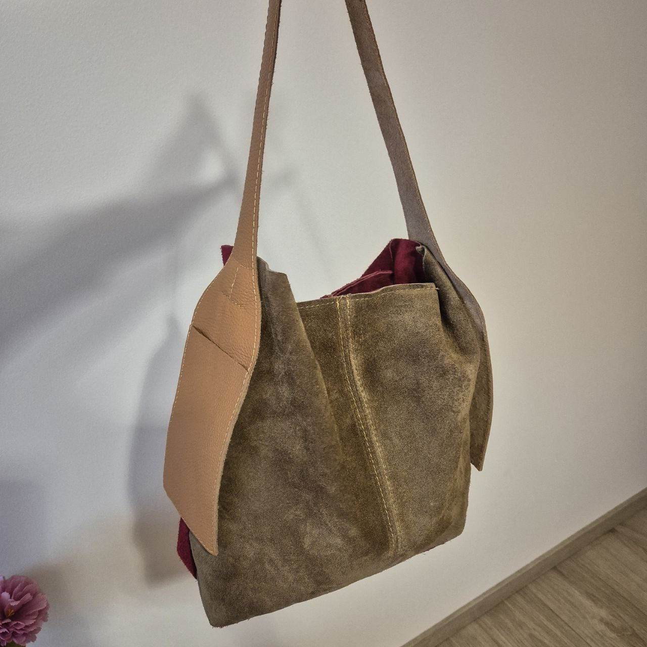 Women's natural two color suede bag